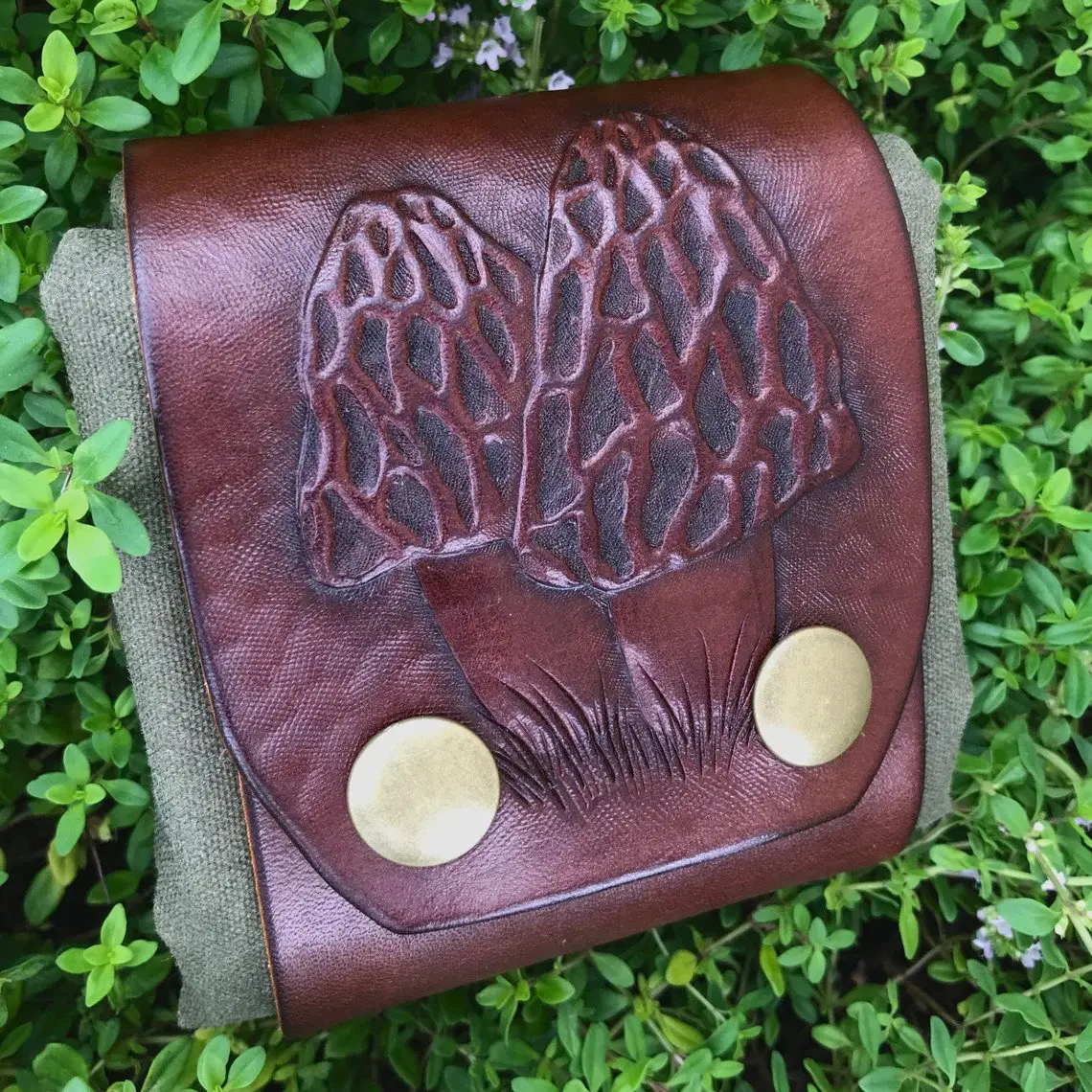 Foraging Pouch Belt Bag with morel design on leather