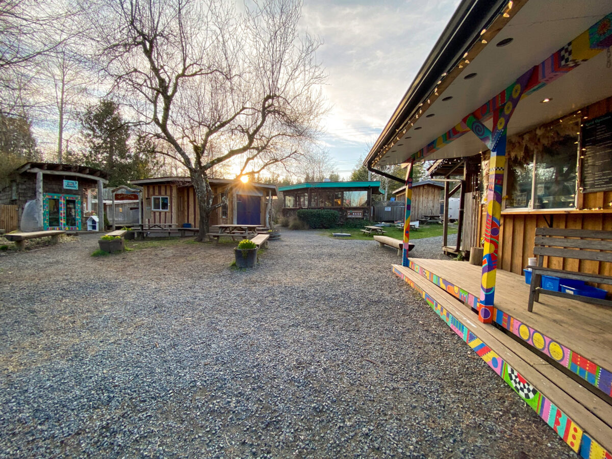 The colorful wooden buildings of Ringside Market on Hornby Island