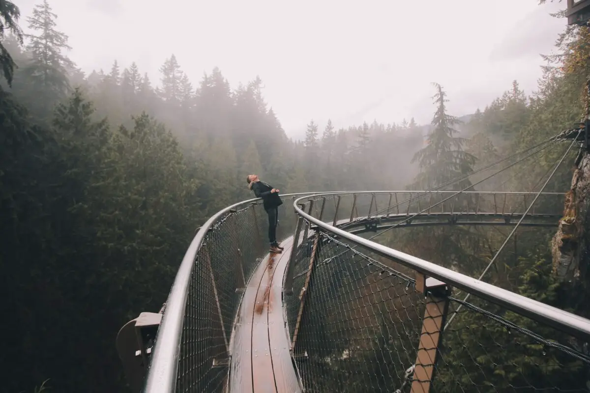 A person standing on the cliffwalk at the Capilano Suspension Bridge Park in Vancouver, looking up in the foggy weather