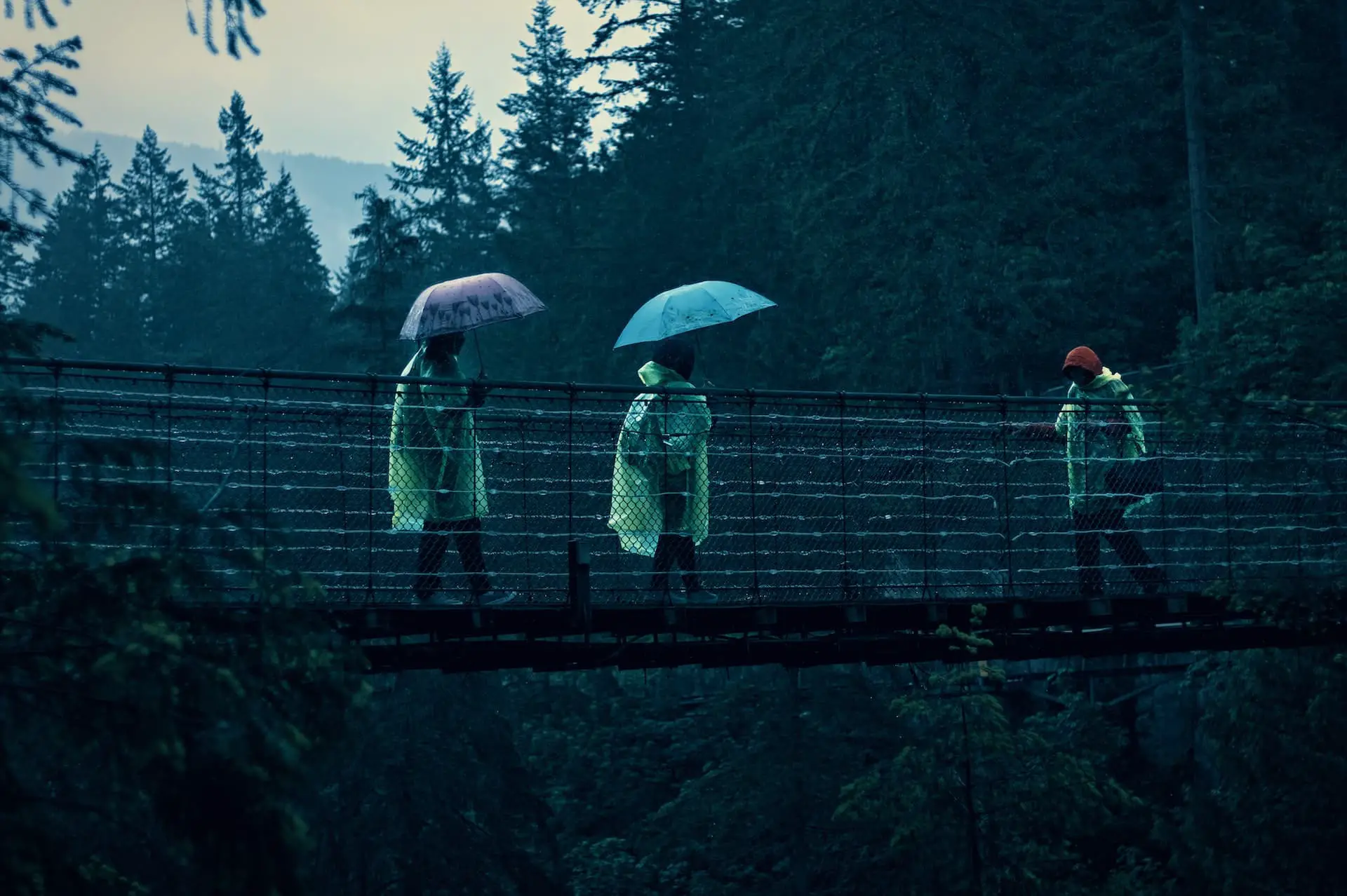 Three people holding umbrellas and crossing a bridge at the Capilano Suspension Bridge Park in Vancouver