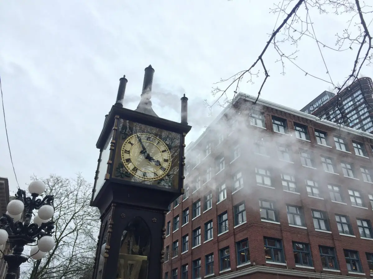 Steam pouring from the top of the Gastown Steam Clock in Vancouver, BC