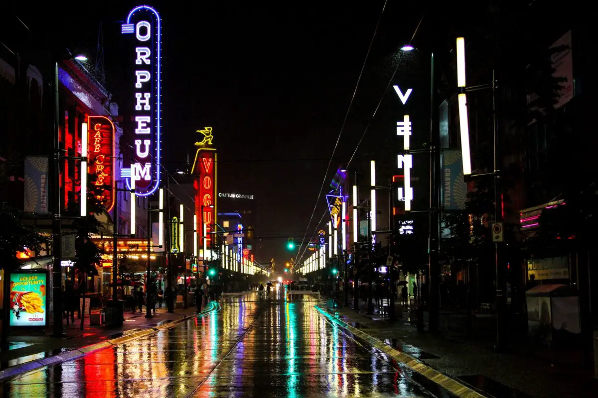 Granville Street in Vancouver at night after a rain