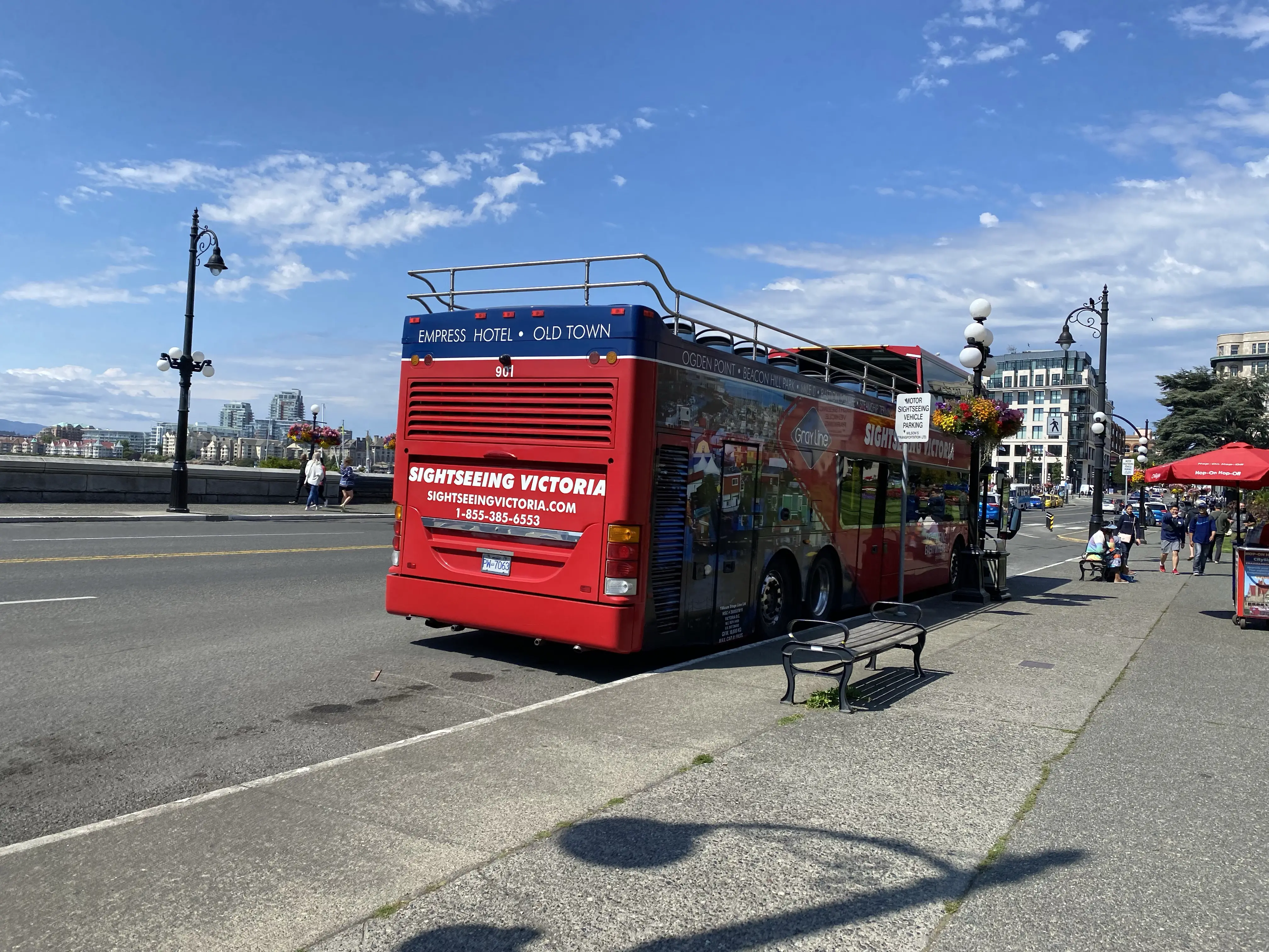 A hop-on hop-off sightseeing bus in downtown Victoria, BC