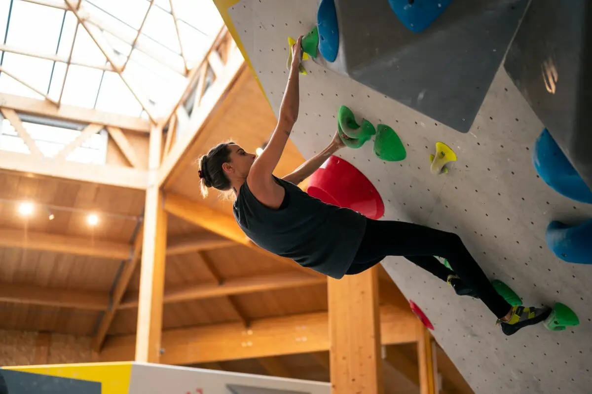 Bouldering indoors in a climbing gym