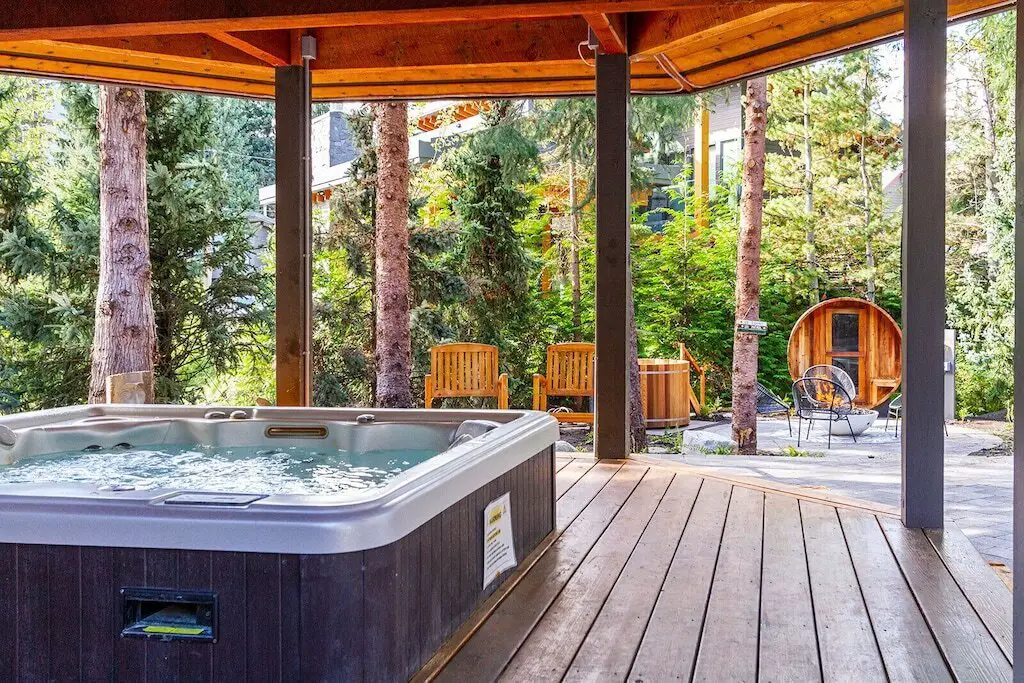 The hot tub and barrel sauna at the Mountain-Modern Chalet in Whistler, BC