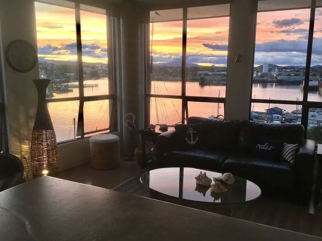 The sunset view from the living room of the Nautical Waterfront Condo in Victoria, BC