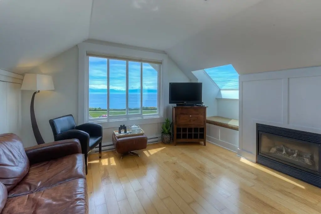 The living room of the Oceanfront Townhouse on Dallas Road in Victoria, BC