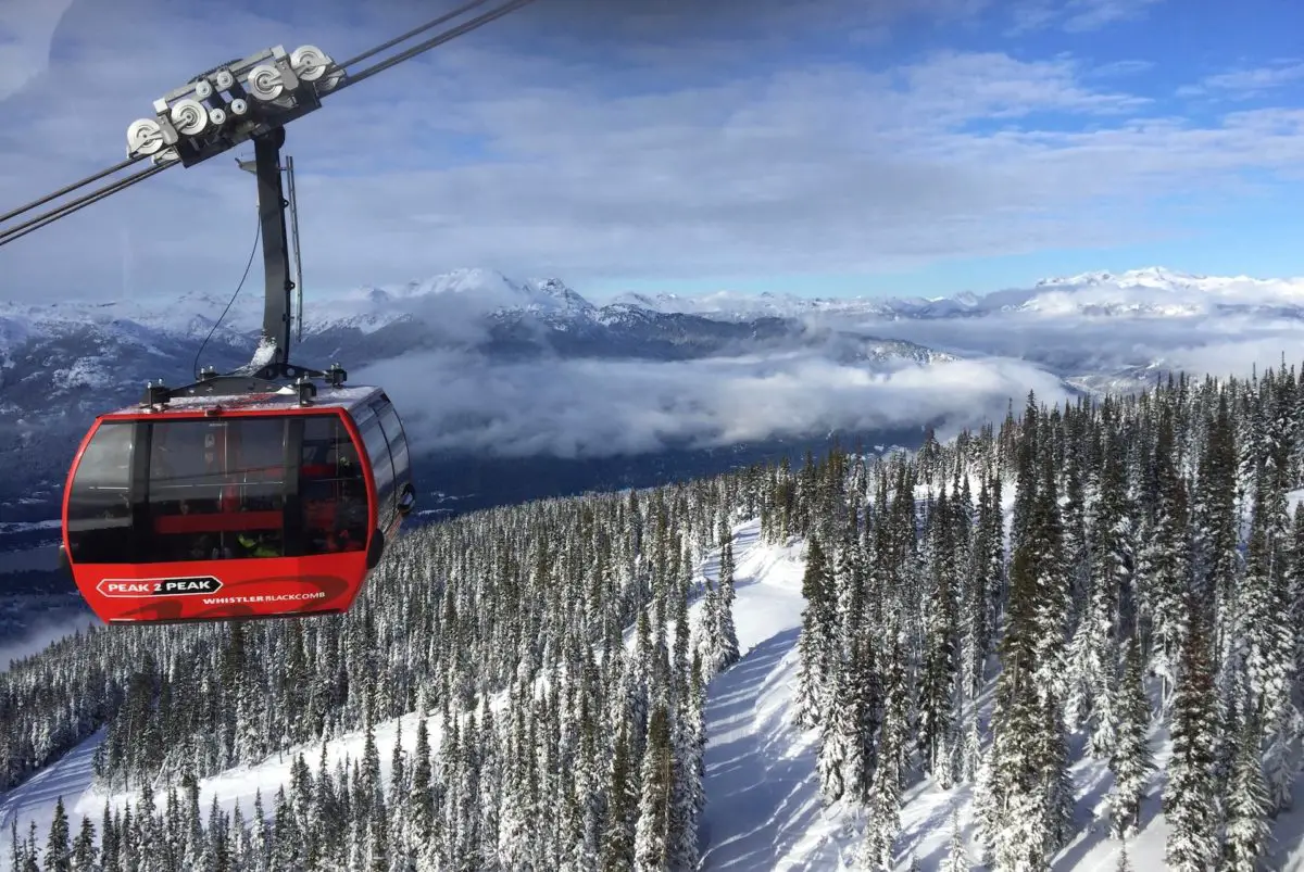 The Peak 2 Peak Gondola above the alpine forest in Whistler, BC, in winter