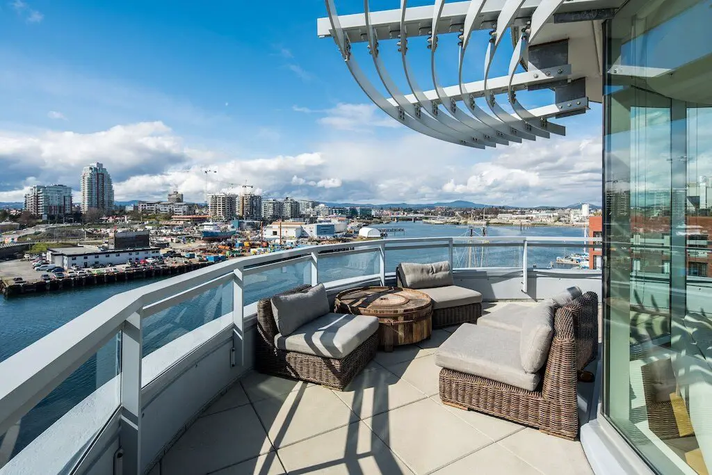 The massive balcony overlooking Victoria's harbour at the Penthouse at the Janion vacation home