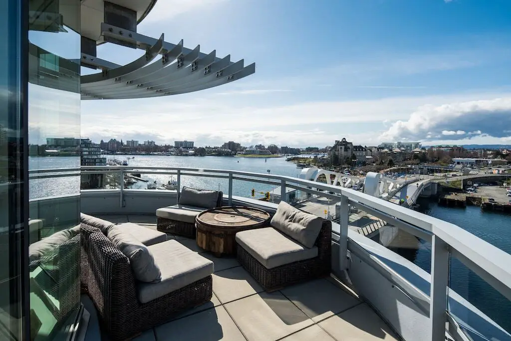 The spectacular view from the balcony of the Penthouse at the Janion, one of the top oceanfront vacation homes in Victoria, BC