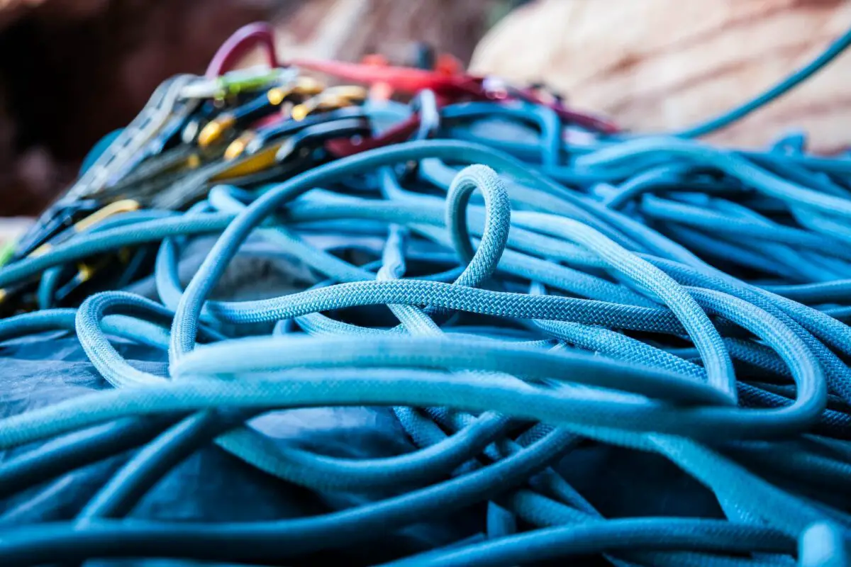 A pile of blue rock climbing rope