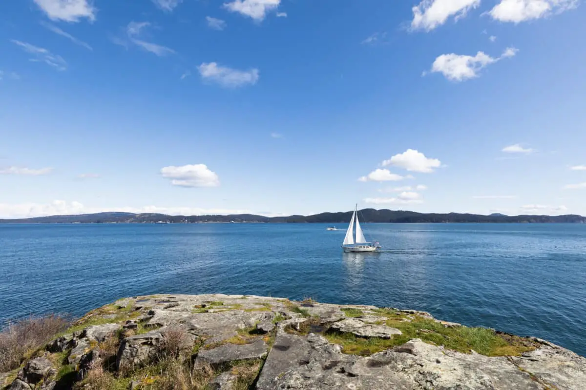 A sailboat sailing past past Ruckle Park on Salt Spring Island