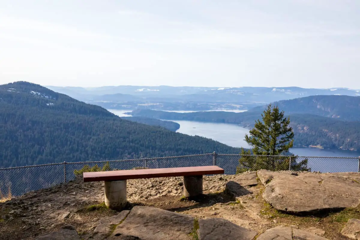 The best seat on Salt Spring Island for a good view. The bench is at the top of Salt Spring Island's Mount Maxwell Park, overlooking the water