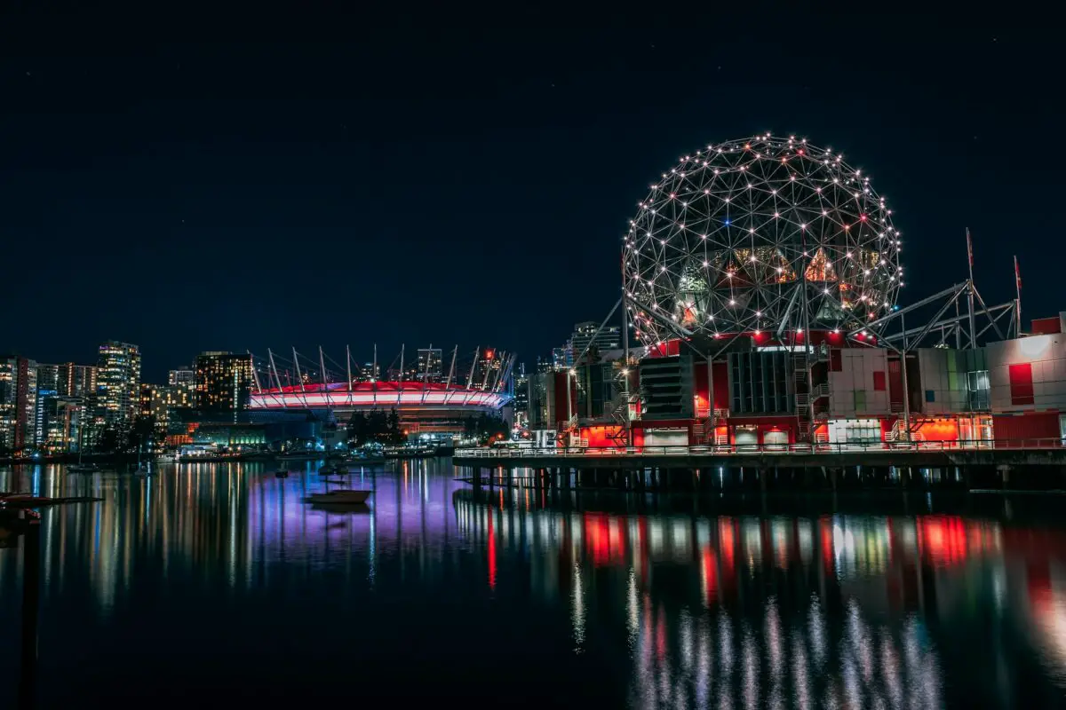 The globe at Science World in Vancouver, BC, lit up at night