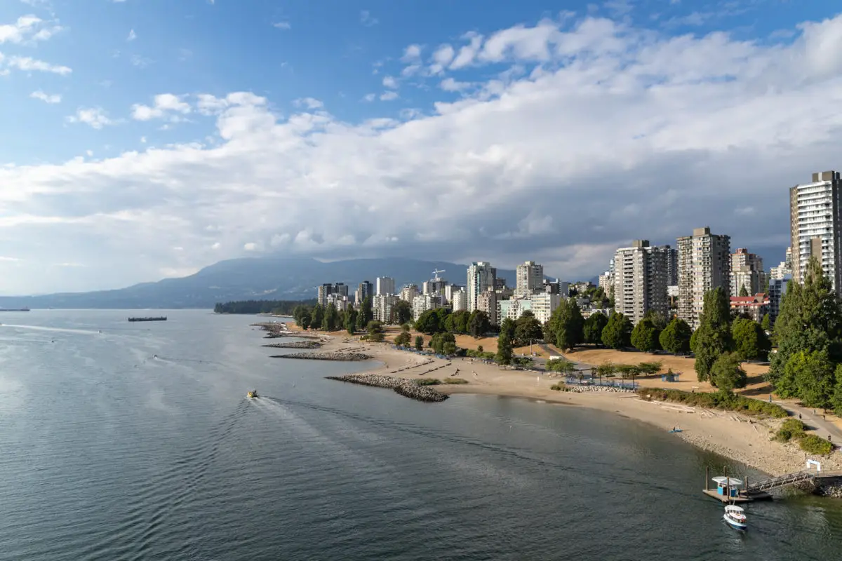 A drone picture of Sunset Beach in Vancouver