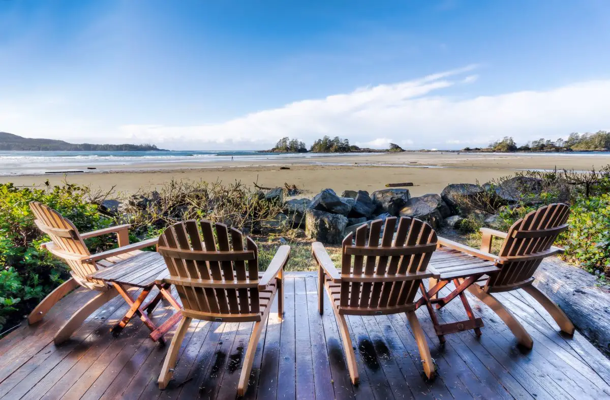 Four chairs sitting by the ocean in Tofino