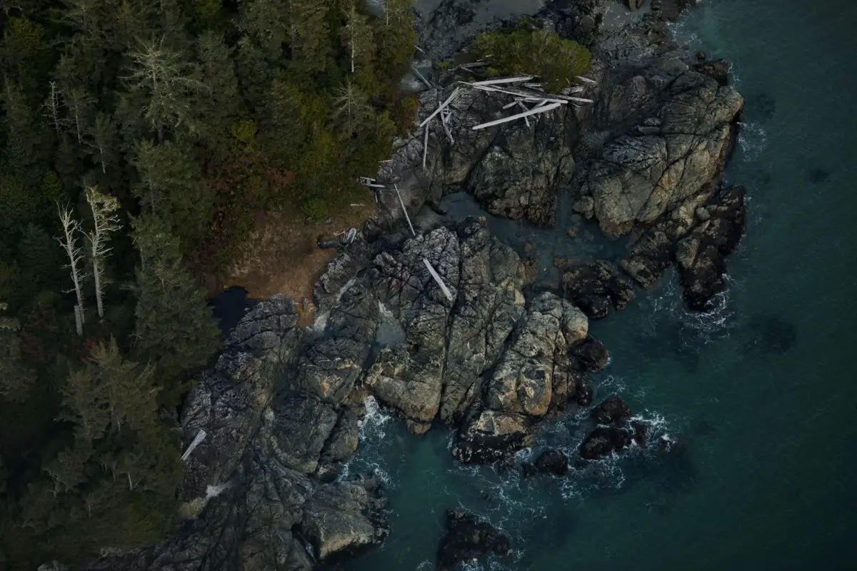 Aerial view of the coast by Tofino, BC