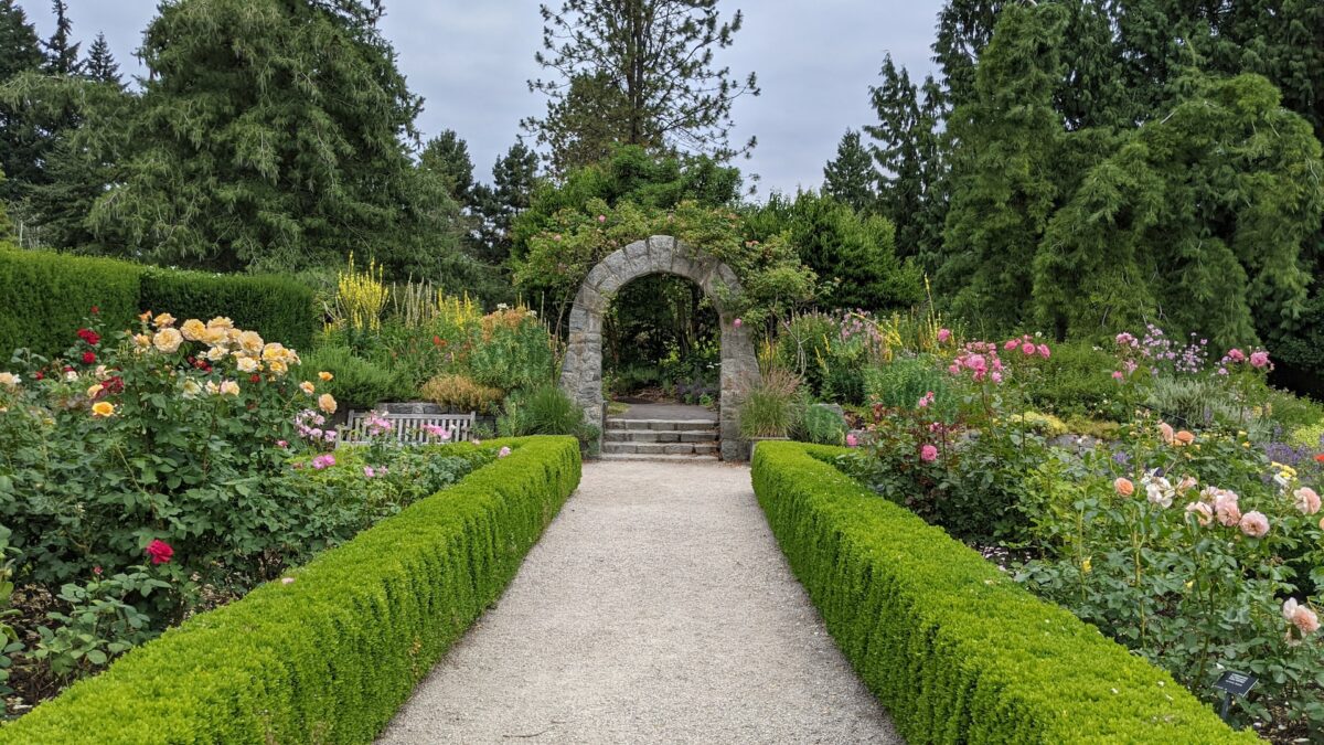 The beautiful gardens and arch at the VanDusen Botanical Garden in Vancouver, BC